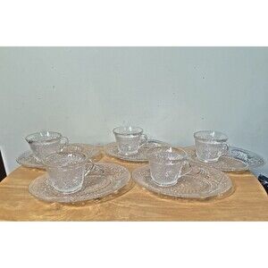 Vintage Tiara Chantilly Clear Glass Sandwich Oval Snack Plate with Cups Set of 5